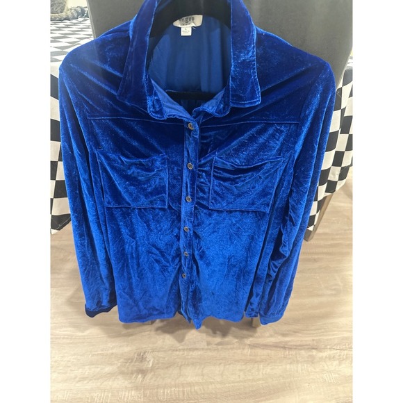 Umgee Women's Blue Velvet Long Sleeve Button Down Shirt Pockets, Size L team - Picture 1 of 6